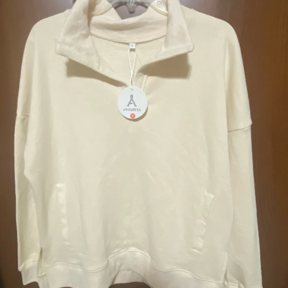 ANRABESS Women Oversized Long Sleeve side pockets Cream sweatshirt Pullover NEW - Picture 2 of 6